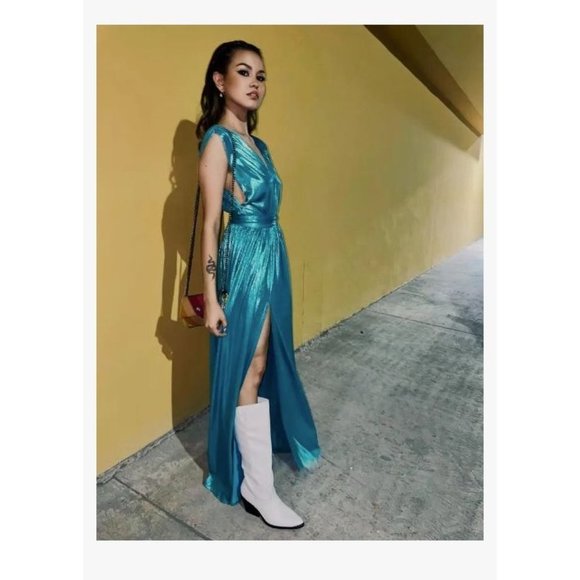 Bronx and Banco Romi Metallic Goddess Gown in Teal Womens Long Dress - Picture 11 of 17